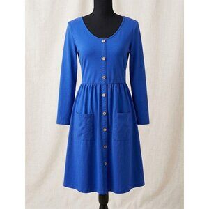 Blue Button Front Midi Dress Pockets Long Sleeve Cotton Spandex Stretchy Small